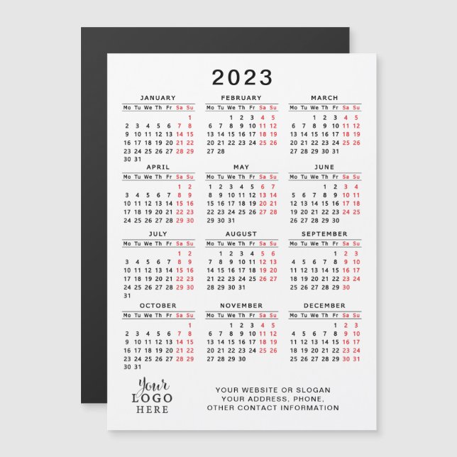 Votre Logo 2023 Calendrier Blanc Noir Rouge Minima (Devant / Derrière)
