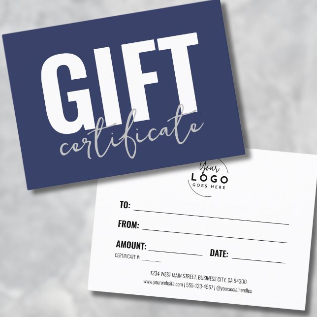 Votre Logo Bleu Bleu Certificat Cadeau Professionn (Your Logo Navy Blue Business Gift Certificate)