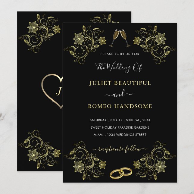 Votre Modèle de Faire-part de mariage Black Gold D (Devant / Derrière)