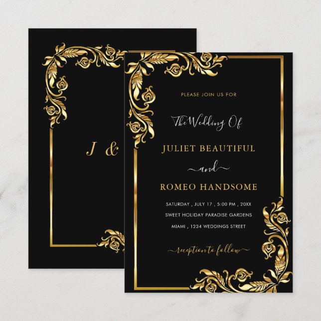 Votre Modèle de Faire-part de mariage Black Gold D (Devant / Derrière)