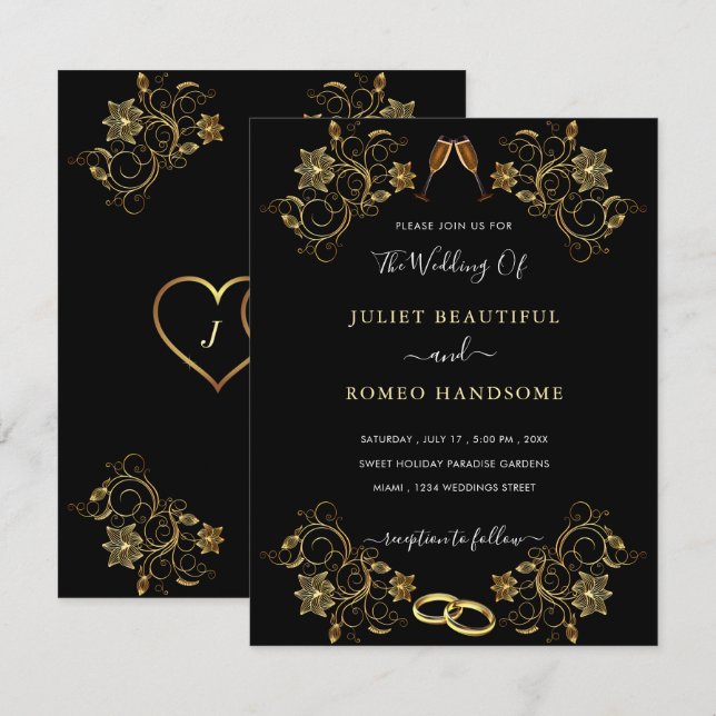 Votre modèle d'invitation de mariage floral Black  (Devant / Derrière)