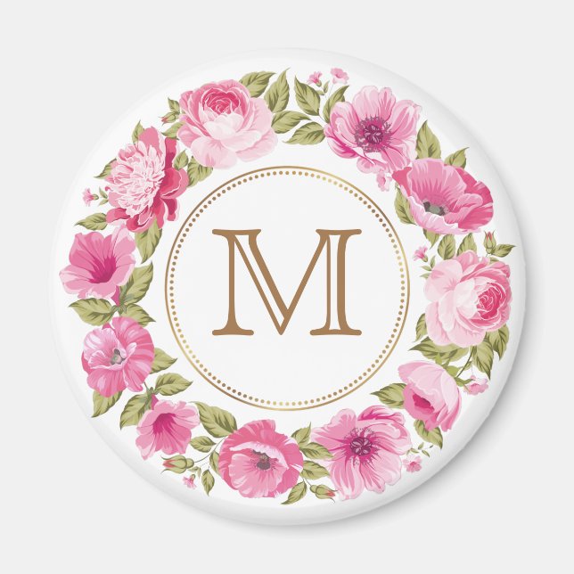 Votre monogramme dans un aimant à cadre de fleurs (Devant)