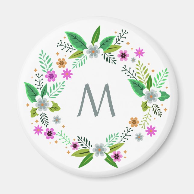 Votre monogramme dans un aimant à cadre de fleurs (Devant)
