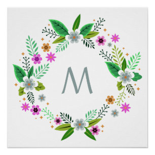 Votre Monogramme dans un cadre de fleurs poster pe