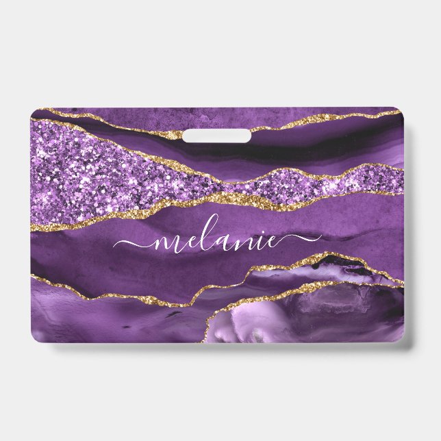 Votre nom Badge Agate Violet violet Marbre d'or (Avant)