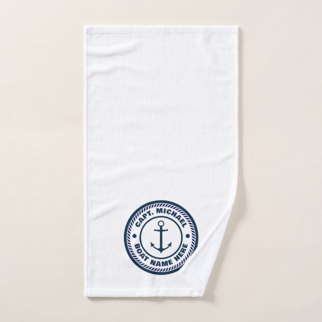 Votre nom de bateau Nautical Blue blanc Ancre Capi (Serviette à main)