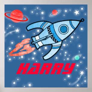Votre nom espace fusée garçons bleu rouge affiche