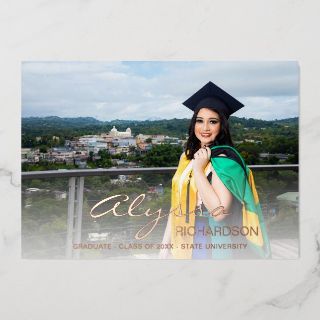 Votre nom et photo Gradué Faire-part à huile blanc (Recto)