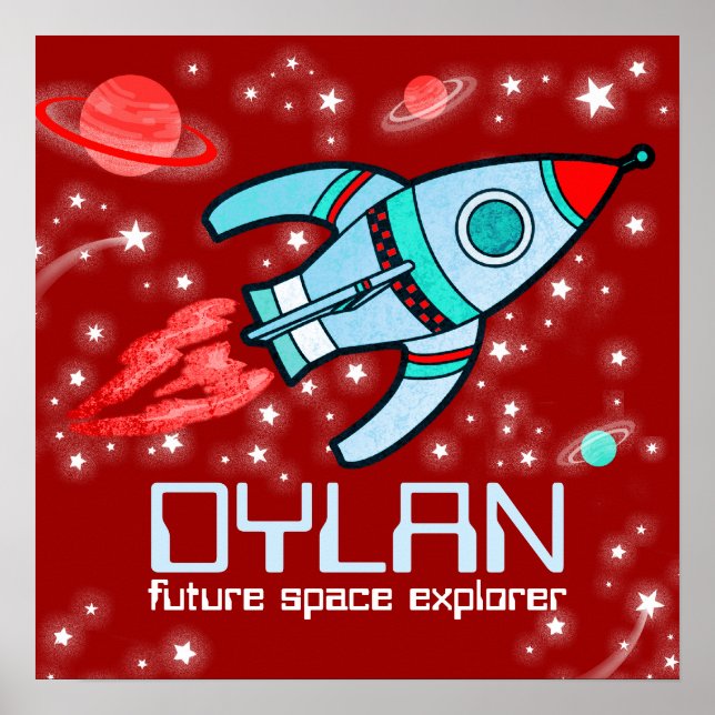 Votre nom fusée espace garçons affiche rouge (Devant)