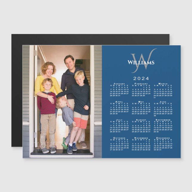 Votre Photo 2024 Calendrier Monogramme Nom Blue Ma (Devant / Derrière)