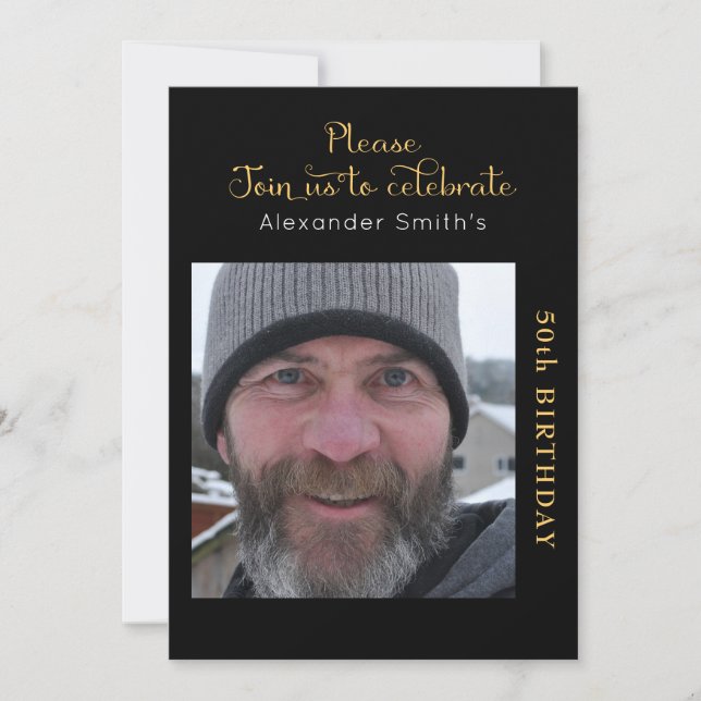 Votre photo 50e anniversaire Black Gold Invitation (Devant)