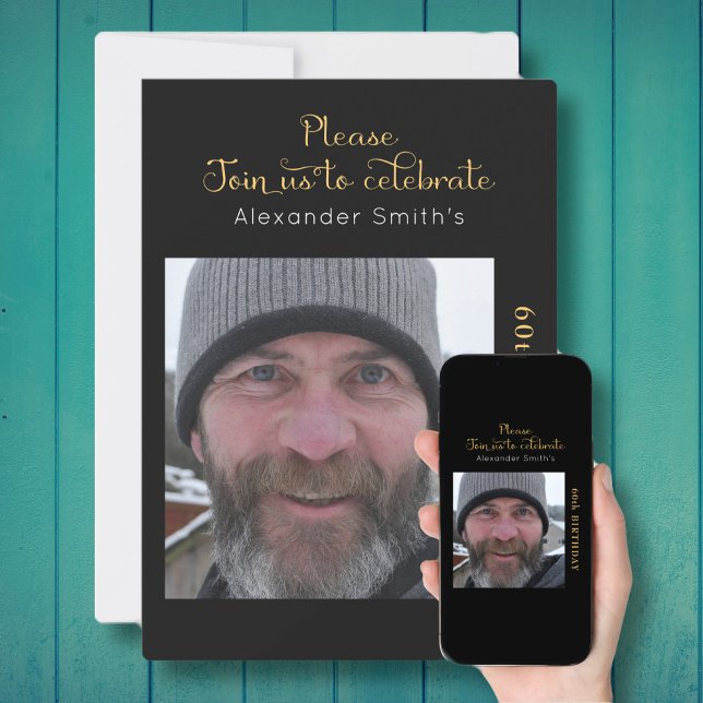 Votre photo 60e anniversaire Black Gold Invitation (Créateur téléchargé)