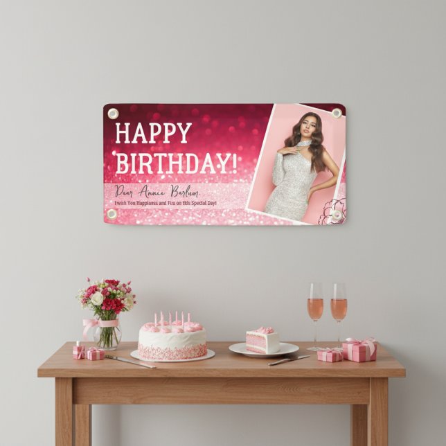 "Votre photo" Bannière Anniversaire de Glam rose ("Your Photo" Pink Glam Birthday Banner)
