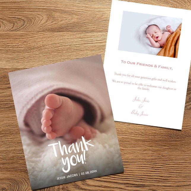 Votre photo bébé baby shower fille carte de remerc (Baby boy announcement card featuring a close-up of tiny feet and handwritten style script )