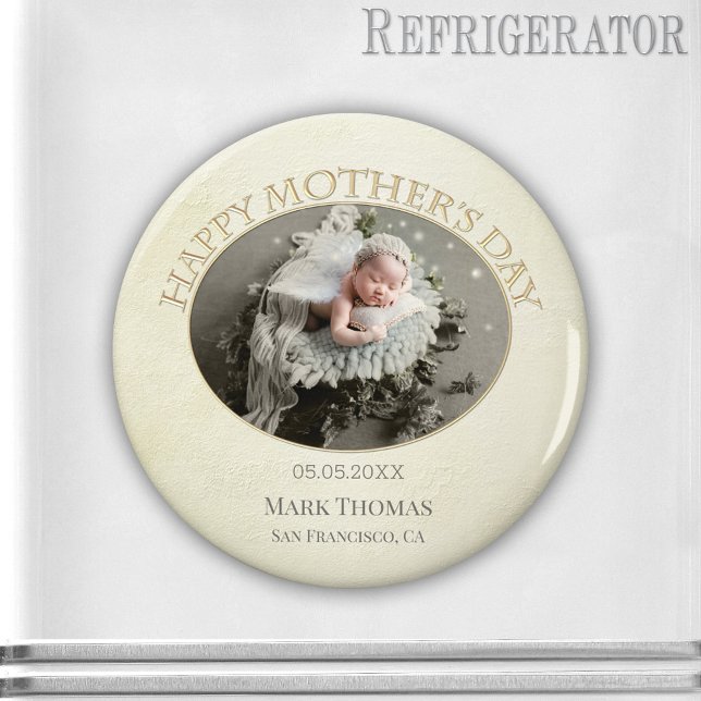Votre photo Elegant Mère's Day Magnet (Elegant magnet with your photo on a pale beige with gold stylized design - new mom - Mother's Day)