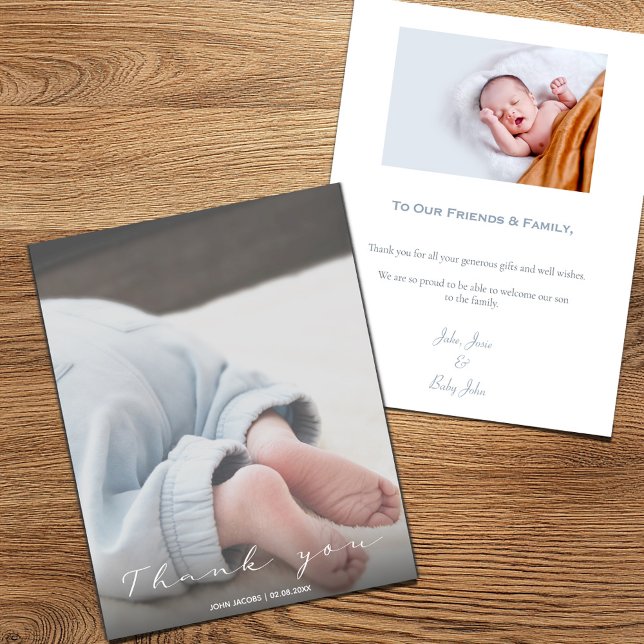 Votre photo, petit garçon, carte de remerciements  (Baby shower "Thank you" card with full cover photo and a second photo and message on the back)