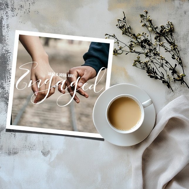 Votre propre carte de faire-part photo fiançailles (Full square photo and white border "engaged" photo card.)