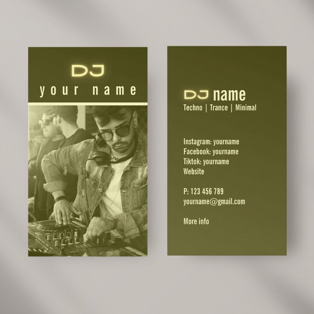 Votre propre carte de visite photo DJ techno jaune (Créateur téléchargé)