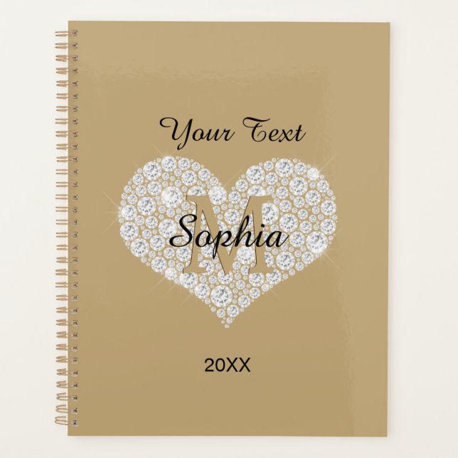 Votre texte, Coeur Diamant, Monogramme Or, Nom (Devant)