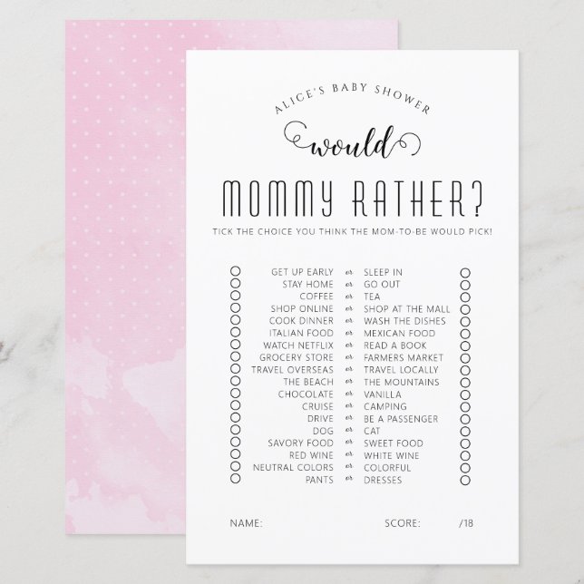 Voudrait-Elle Plutôt Baby shower Jeu (Devant / Derrière)