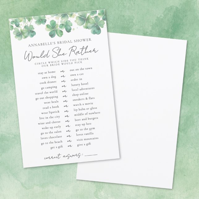 Voudrait-Elle Plutôt Fête des mariées Shamrock Jeu (Would She Rather Shamrock Bridal Shower Game)