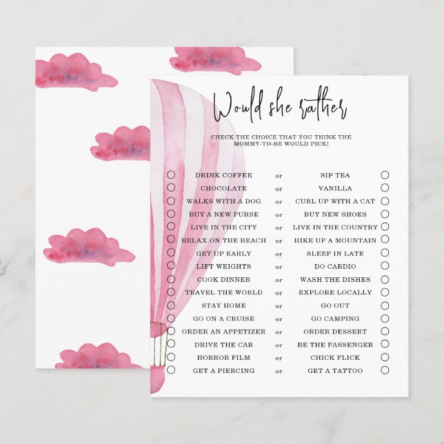 Voudrait-elle plutôt - jeu de baby shower (Devant / Derrière)