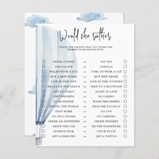 Voudrait-elle plutôt - jeu de baby shower (Devant / Derrière)