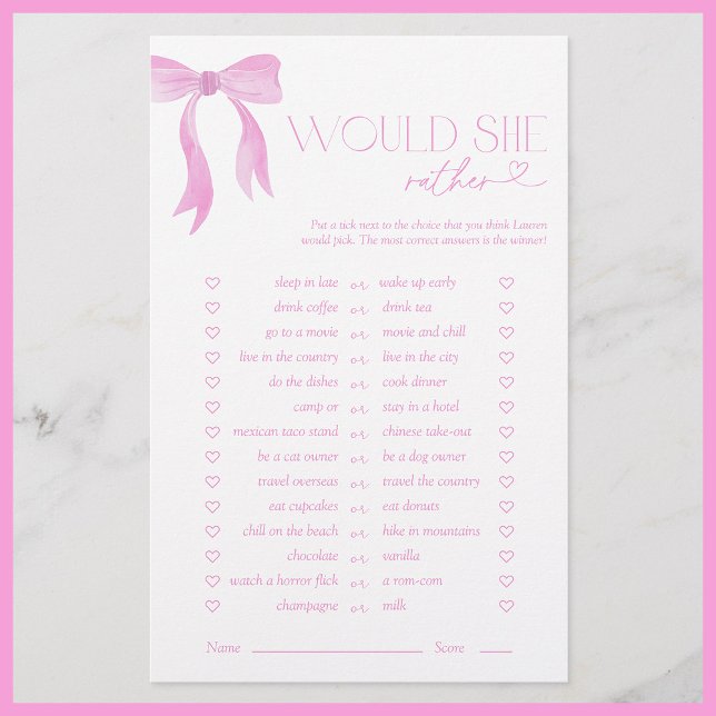 Voudrait-Elle Plutôt Pink Bow Fête des mariées Jeu (Créateur téléchargé)