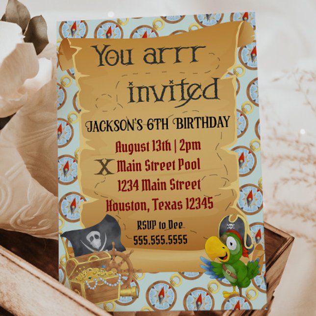 "Vous êtes invité" Pirate Invitation Anniversaire (pirate birthday party invitation map, treasure chest, parrot children's birthday party)