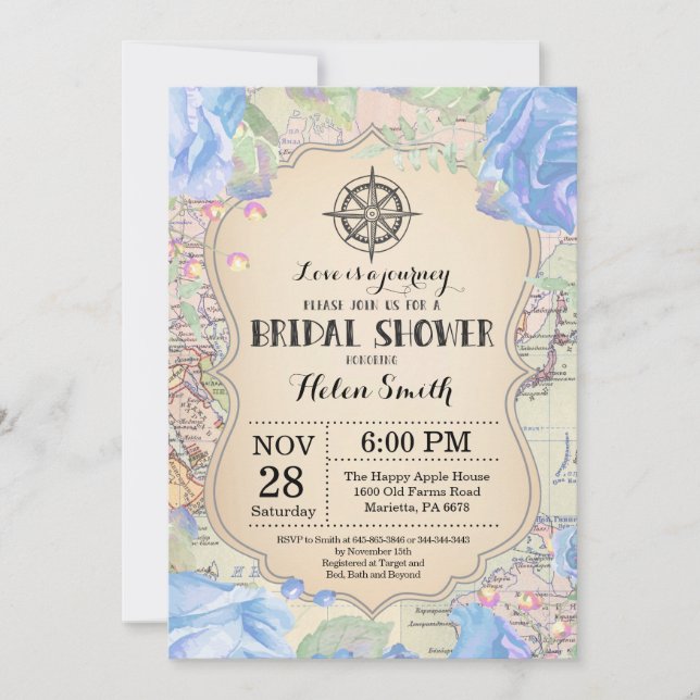 Voyage Blue Floral nuptiale Invitation (Devant)