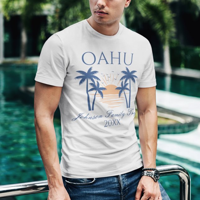 Voyage en famille Oahu Hawaii T-Shirt (Man wearing an "Oahu" t-shirt by a pool.)