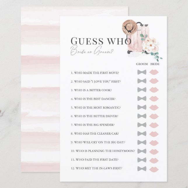 Voyage Fête des mariées de valise rose Devinez Qui (Devant / Derrière)