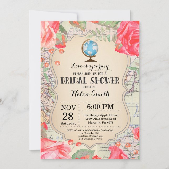 Voyage Red Floral Bridal Showeuse Invitation (Devant)