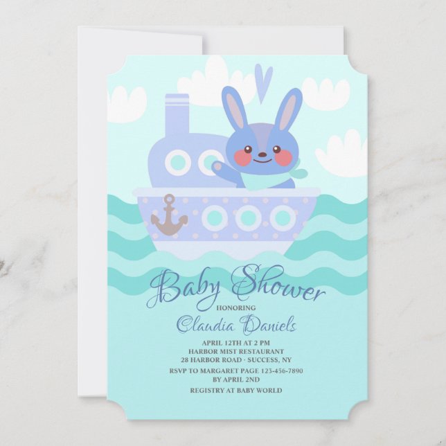 Voyager Bunny Douche Invitation Bleu (Devant)