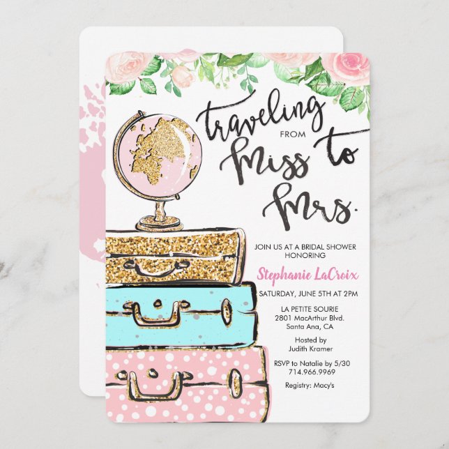 Voyager Mlle à Mme Bridal Shower Invitation (Devant / Derrière)