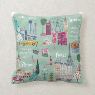 Voyagez Londres New+York Paris   Coussin de jet en