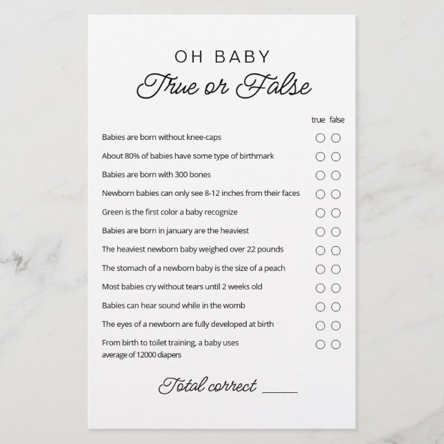 Vrai ou faux Jeu Bébé Trivia jeu avec réponses (Devant)