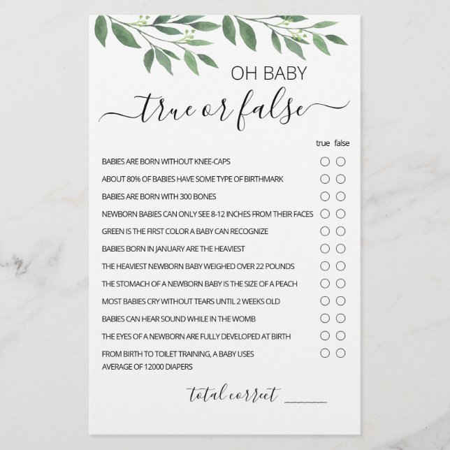 Vrai ou faux Jeu Bébé Trivia jeu avec réponses (Devant)