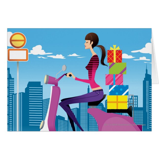 Vue de côté de femme avec des cadeaux sur le (Devant horizontal)