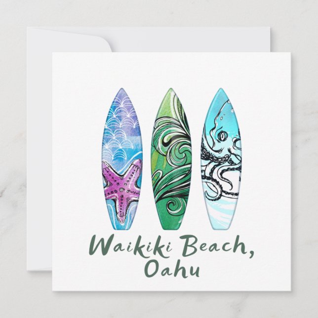 Waikiki Beach Oahu Watercolor Surboards Carré (Devant)