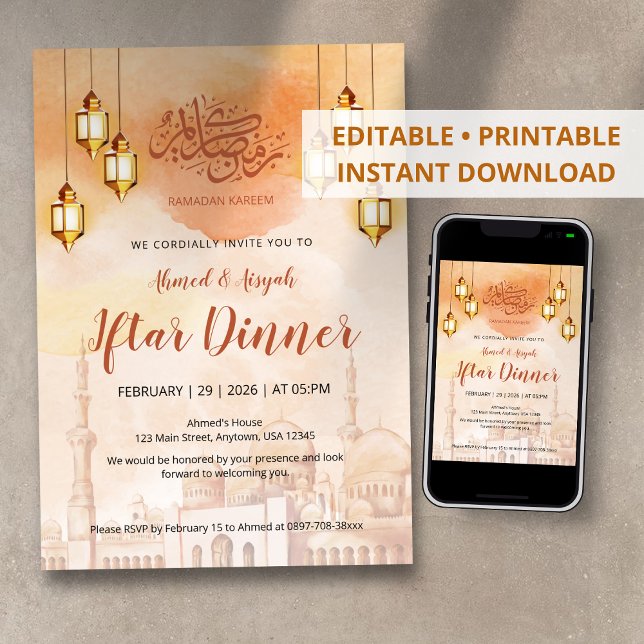 Warm Watercolor Mosque Iftar Party Invitation (Créateur téléchargé)