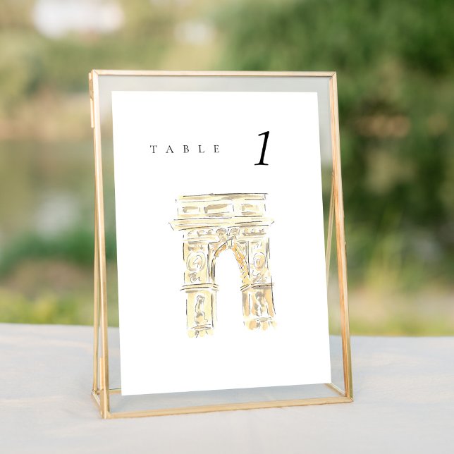 Washington Sq Park New York Mariage Numéro de tabl (Watercolor Washington Square Park New York City wedding table number sign.)