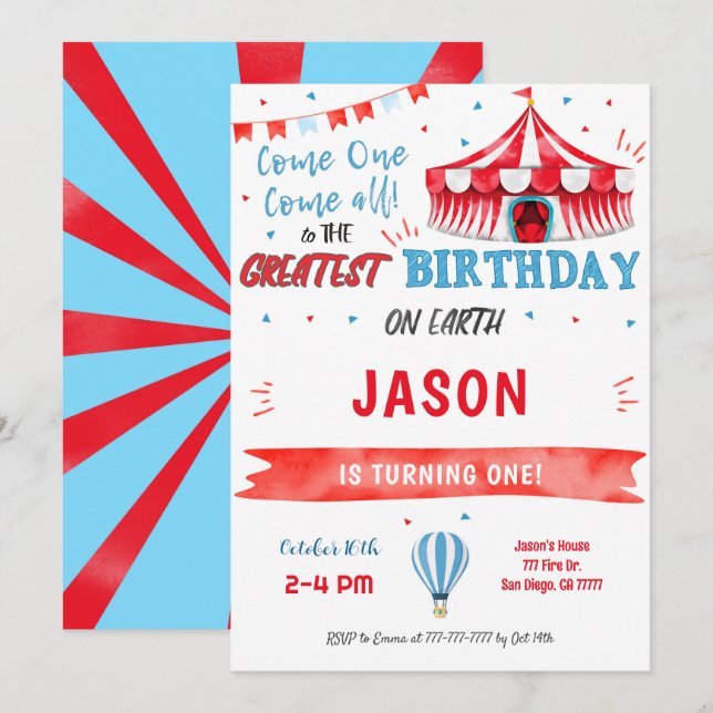 Water Color Red & Blue Circus Invitation (Devant / Derrière)