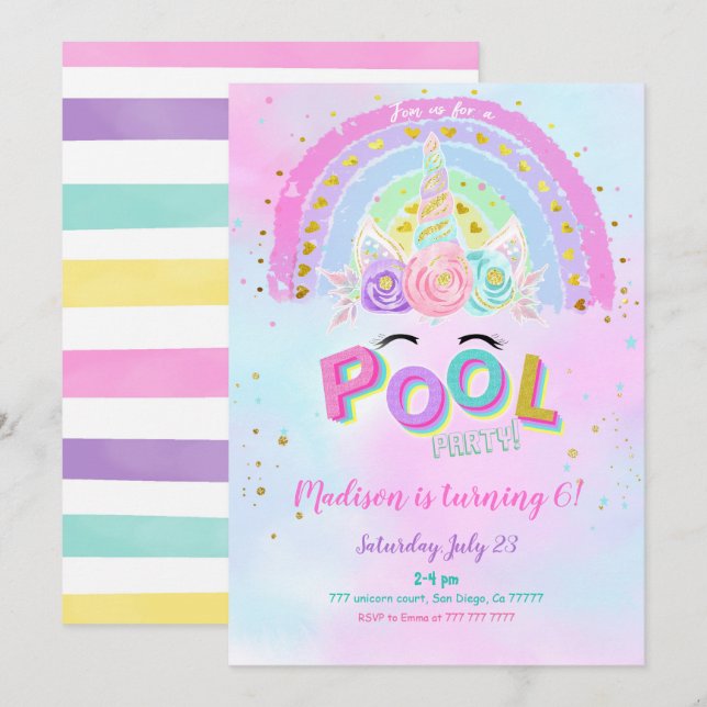 Water Color Unicorn & Pool Invitation Anniversaire (Devant / Derrière)