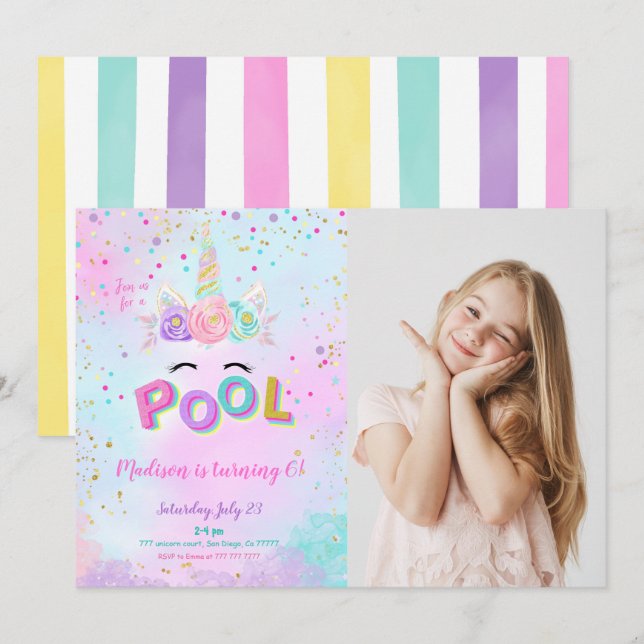 Water Color Unicorn & Pool Photo Invitation (Devant / Derrière)