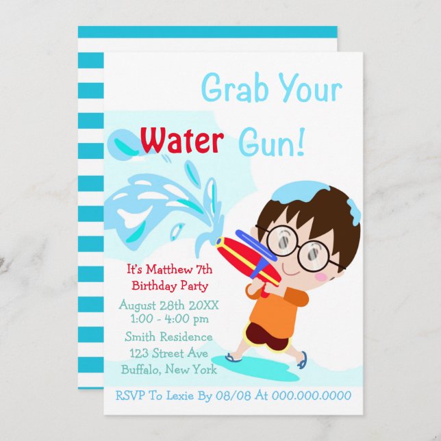 Water Gun Boy Anniversaire Fête Invitations (Devant / Derrière)