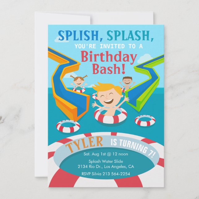 Water Park Boys Swimming Birthday Party Invitation (Devant)