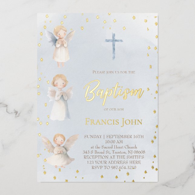 watercolor angels Baptism Foil Invitation (Recto)