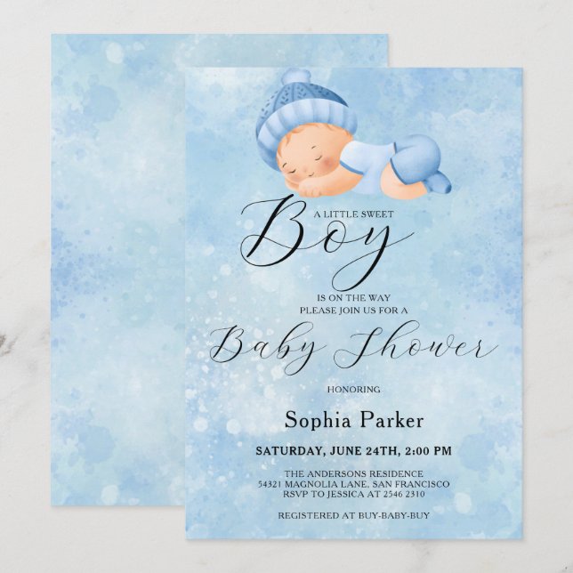 Watercolor Baby Boy Invitation (Devant / Derrière)
