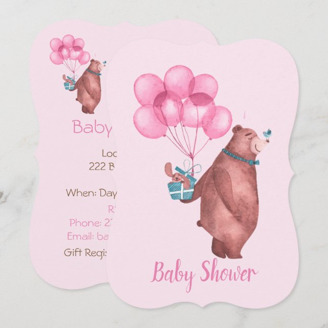 Watercolor Baby Girl Bear Balloons Invitation (Devant / Derrière)